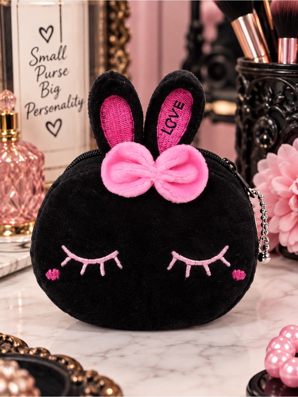 Cute Black Plush Bunny Coin Purse Pink Bow Zip Top NWT 4” - Picture 1 of 2